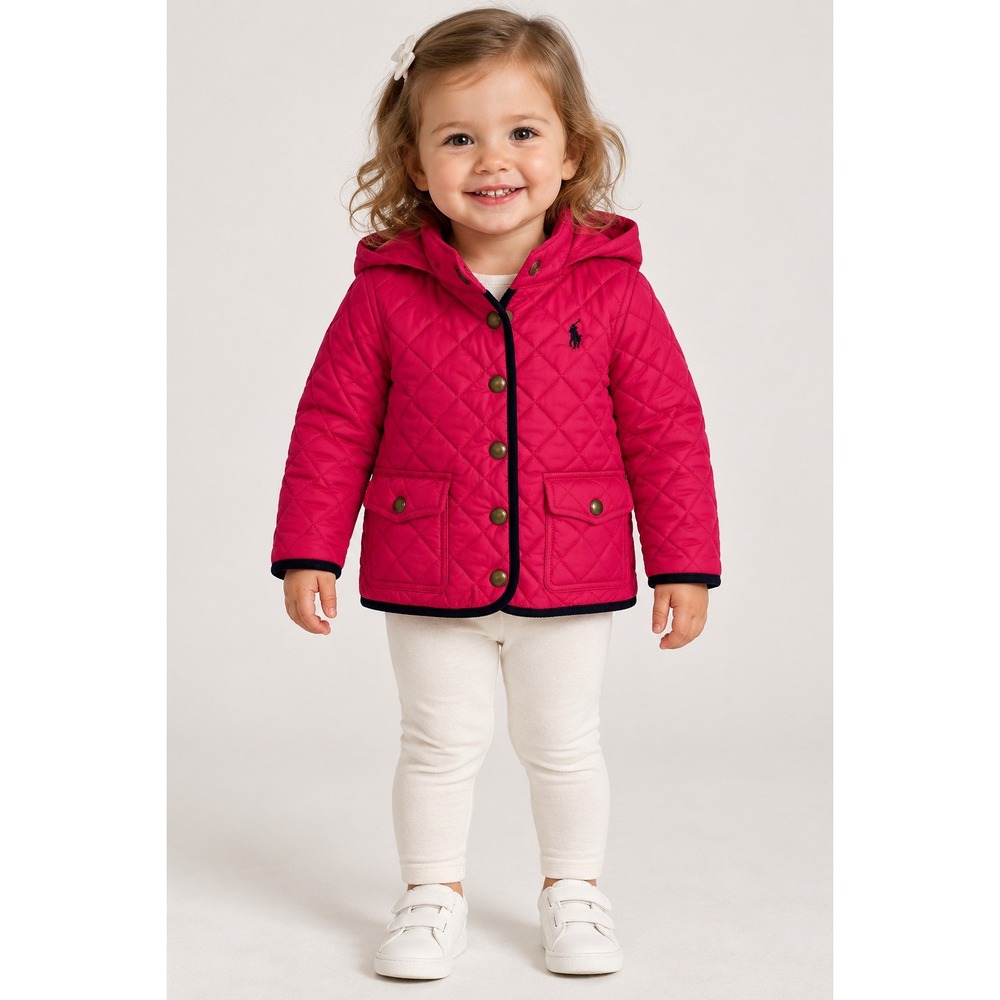 Polo Ralph Lauren Girls Pink Quilted Barn Jacket Detachable Hood Size 2T
